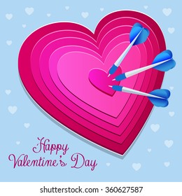 Red heart target aim with arrow. Pink heart Shaped Darts Target with Sticking Arrow. Vector Illustration