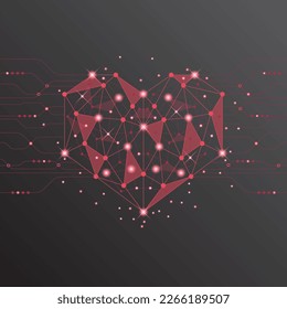 abstracto de fondo valentino de tecnología de corazón rojo. tecnología con línea, digital, corazón, punto, alta tecnología, concepto valentino, vector. corazón tecnológico para el día de San Valentín, fondo, banner web.