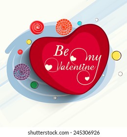 Red heart with text Be My Valentine on stylish blue background for Happy Valentines Day celebration.