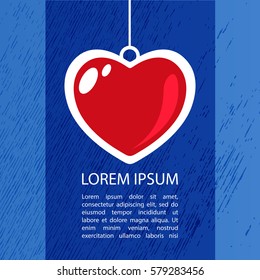 Red heart and text frame isolated on blue background. Valentine's Day vector illustration. Design element for greeting cards and etc.