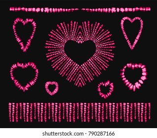 Red heart tie dye  Valentines day  Art brushes  Print in Shibori style  Ribbon ornament  ribbon  border  Ethnic jewelry  Fashion embroidery for women's clothing  Elements batik fabric  Fringe 