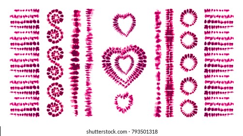 Red heart tie dye. Valentines day. Art brushes. Print in Shibori style. Ribbon ornament, ribbon, border. Ethnic jewelry. Fashion embroidery for women's clothing. Elements of batik on fabric. Fringe.