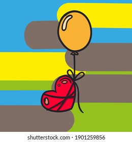 A red heart tied to a balloon with a string. Saturated colored background. Valentine's card for Valentine's Day.