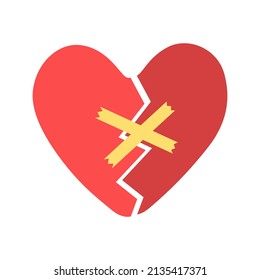 Corazón rojo, dividido en 2 partes y pegado con parche. Concepto de amor roto, triste fin de la relación, falta de cuidado y ayuda. Ilustración plana del vector