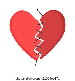 Red heart, torn into 2 parts and sewn with thread. Concept of broken love, sad end of relationship, lack of care and help. Vector flat illustration