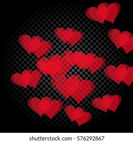 Red heart translucent arranged in a spiral shape. Gradient Checker background. Valentine's Day. Vector illustration