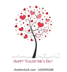 Red heart tree. Happy Valentine's day greeting card vector illustration background