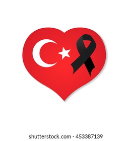 red heart, Turkey flag with a black ribbon of mourning