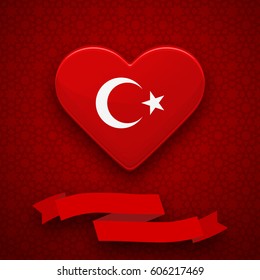 Red heart with turkish flag, white star and crescent. Greeting card, flyer, poster for National Day of Turkey. Colorful template with ribbon for celebrations. Patriotic vector illustration