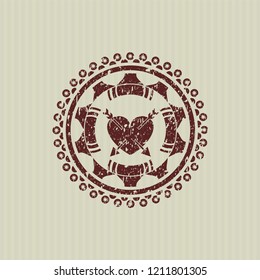 Red heart with two arrows icon inside distress rubber grunge stamp