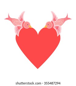 Red heart with two pink decorative birds. valentines day object