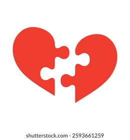 red heart from two puzzle pieces isolated on white background, symbol of love, flat vector illustration in cartoon style