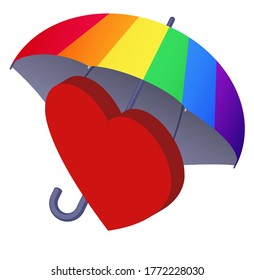 Red heart under colourful rainbow umbrella. Tolerance and lgbt rights concept, friendship and peace protection. Vector isometric illustration
