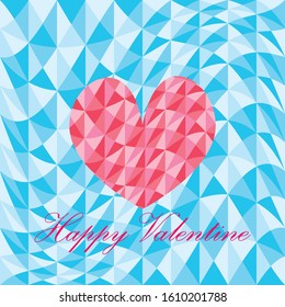 Red heart under polygon style on blue gradient background and Happy valentine text.