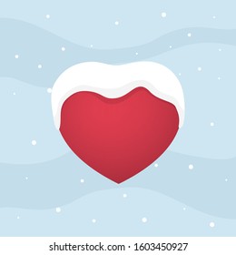 Red heart under snow caps. Winter Valentines day template made of big snow heart with dots or flakes of various size. New Year, Christmas black and white background.