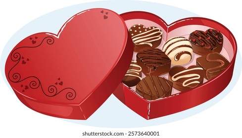 Red Heart Valentine Chocolate Box with Heart, Round, Square Shaped Truffle and Candies Inside. Romantic Gift Vector Illustration 