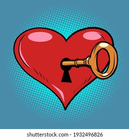 red heart valentine with key in the lock. Cartoon comic book pop art illustration drawing