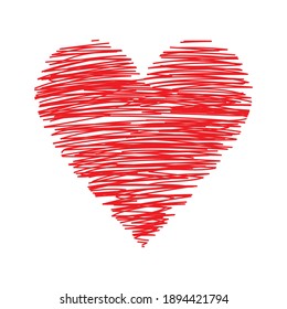 Forma valentina del corazón rojo dibujado a mano dibujo del doodle de dibujo vectorial aislado sobre fondo blanco.