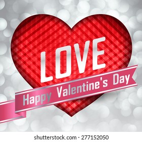 red heart Valentine's card for text box. Vector illustration. white Shining bokeh background. Brochure for business. banner flyer magazine. Design label. icon. Defocused background. ribbon