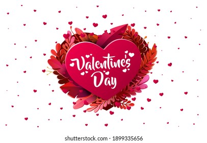 Red heart of Valentine's Day. 3d red hearts and paper cut flowers. Vector illustration.