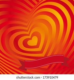 Red heart Valentines day card. Three-dimensional volumetric image heart and ribbon. Vector