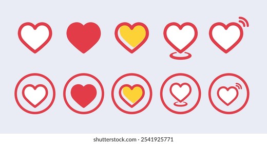 Red heart various shape stamp silhouette flat set. Love valentine romantic relationship wedding sign, etc