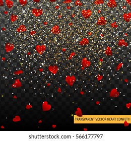 Red Heart Vector confetti of Valentines petals falling on transparent background. Decor element Template for Valentine's designs, invitation, party, birthday.