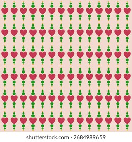 Red heart vector with green and yellow dots pattern. Heart pattern seamless with Christmas color tones. Concept of soft pink, love, geometric, circle, cute for wallpaper, texture, paper print.