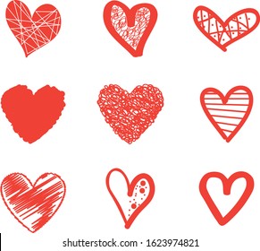 Red heart vector. Hand drawn love icon isolated. Collection of heart icon hand drawn vector for love logo, heart symbol, doodle icon and Valentine's day. Painted grunge vector shape
