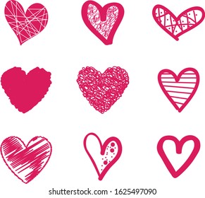 Red heart vector. Hand drawn love icon isolated. Collection of heart icon hand drawn vector for love logo, heart symbol, doodle icon and Valentine's day. Painted grunge vector shape