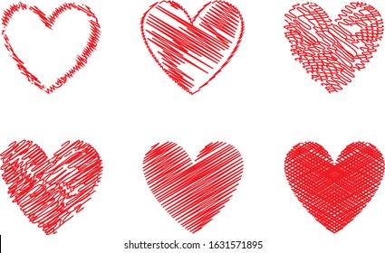 Red heart vector. Hand drawn love icon isolated. Collection of heart icon hand drawn vector for love logo, heart symbol, doodle icon, greeting card and Valentine's day. Painted grunge vector shape