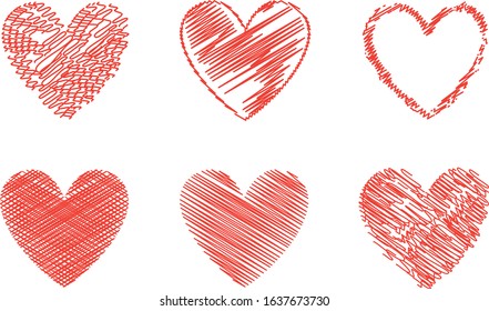 Red heart vector. Hand drawn love icon isolated. Collection of heart icon hand drawn vector for love logo, heart symbol, doodle icon, greeting card and Valentine's day. Painted grunge vector shape