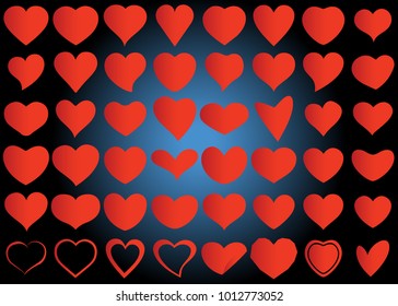 Red heart vector icon background set for Valentine's day, medical illustration, love story symbol. Health medical flat logo. Romantic amour beautiful shape