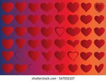 Red heart vector icon background set for Valentine's day, medical illustration, love story symbol. Health medical flat logo. Romantic amour beautiful shape