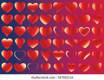 Red heart vector icon background set for Valentine's day, medical illustration, love story symbol. Health medical flat logo. Romantic amour beautiful shape
