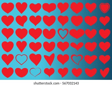 Red heart vector icon background set for Valentine's day, medical illustration, love story symbol. Health medical flat logo. Romantic amour beautiful shape