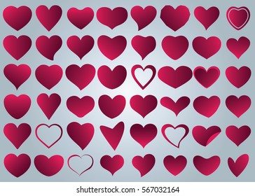 Red heart vector icon background set for Valentine's day, medical illustration, love story symbol. Health medical flat logo. Romantic amour beautiful shape