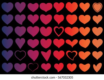Red heart vector icon background set for Valentine's day, medical illustration, love story symbol. Health medical flat logo. Romantic amour beautiful shape