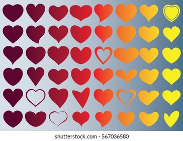 Red heart vector icon background set for Valentine's day, medical illustration, love story symbol. Health medical flat logo. Romantic amour beautiful shape
