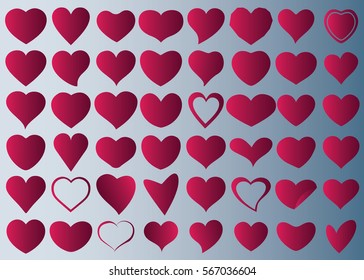Red heart vector icon background set for Valentine's day, medical illustration, love story symbol. Health medical flat logo. Romantic amour beautiful shape
