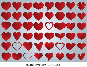 Red heart vector icon background set for Valentine's day, medical illustration, love story symbol. Health medical flat logo. Romantic amour beautiful shape