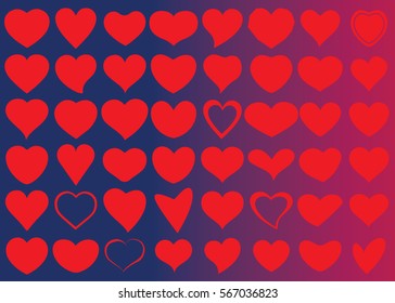 Red heart vector icon background set for Valentine's day, medical illustration, love story symbol. Health medical flat logo. Romantic amour beautiful shape