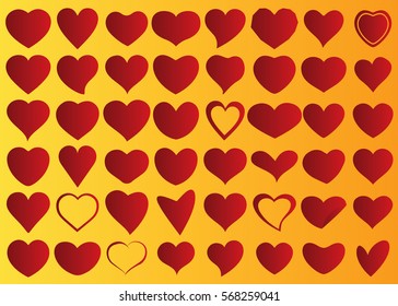 Red heart vector icon background set for Valentine's day, medical illustration, love story symbol. Health medical flat logo. Romantic amour beautiful shape