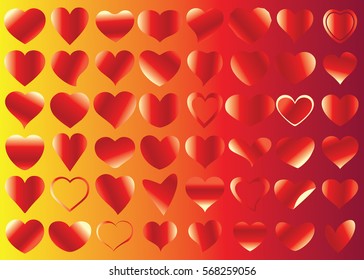 Red heart vector icon background set for Valentine's day, medical illustration, love story symbol. Health medical flat logo. Romantic amour beautiful shape