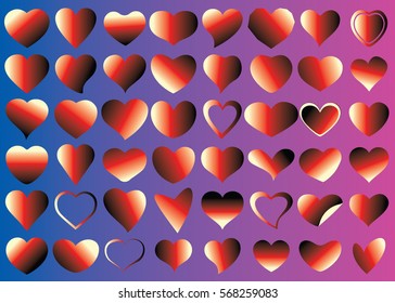 Red heart vector icon background set for Valentine's day, medical illustration, love story symbol. Health medical flat logo. Romantic amour beautiful shape