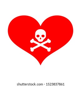 Red heart vector. heart icon with danger skull in the center. dangerous love