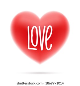 Red heart vector icon, with LOVE text, isolated on the white background. Simple, classic shape heart symbol, for romantic design decoration. Blurred heart shape, floating in the air, with the shadow.
