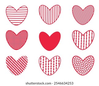 red heart Vector icons, hand drawn love heart, doodle of heart set for valentine's day, symbols