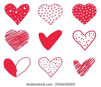 red heart Vector icons, hand drawn love heart, doodle of heart set for valentine's day, symbols