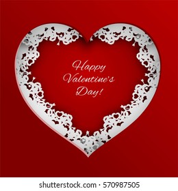 Red heart vector illustration laced with hearts, lips and cupid's arrow frame on red background for valentines day greeting card, paper cut out art style. Caption happy valentine’s day